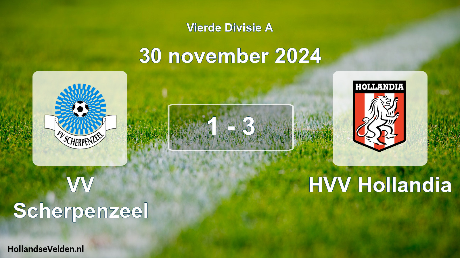 Gespeelde wedstrijd: VV Scherpenzeel - HVV Hollandia 1 - 3 (30 november 2024)