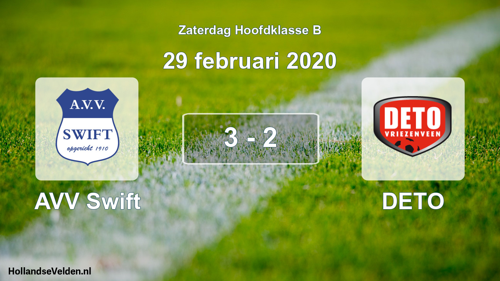 Gespeelde wedstrijd: AVV Swift - DETO 3 - 2 (29 februari 2020)