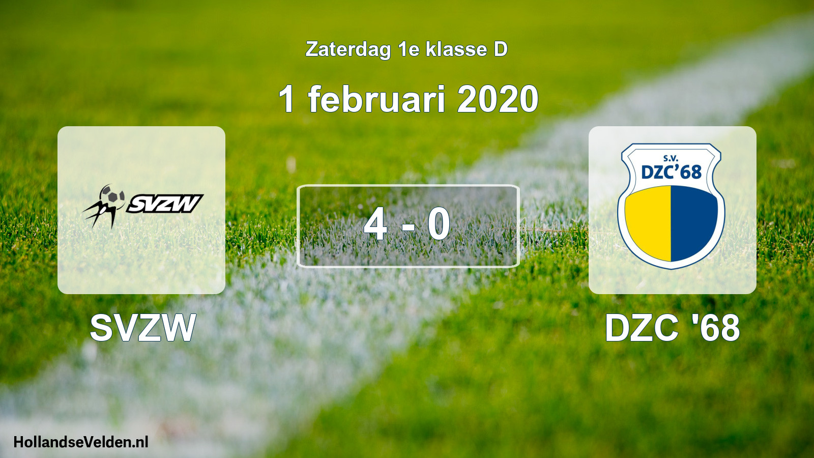 Gespeelde wedstrijd: SVZW - DZC '68 4 - 0 (1 februari 2020)