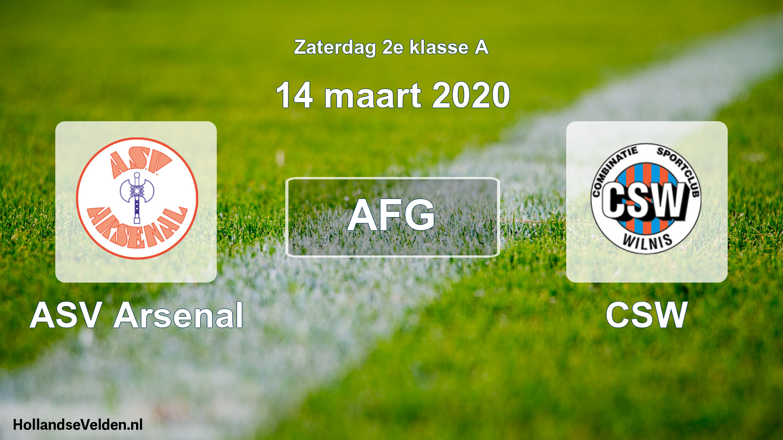Geplande wedstrijd: ASV Arsenal - CSW (14 maart 2020)